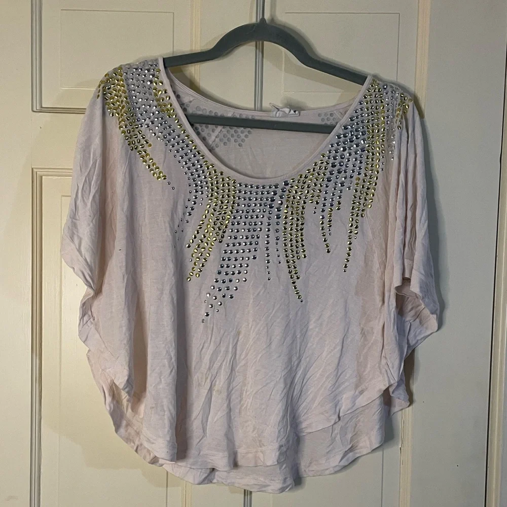Free People Blouse Pink Silver Gold Studded Batwing High Low Tunic Top Sz Small - Picture 8 of 8